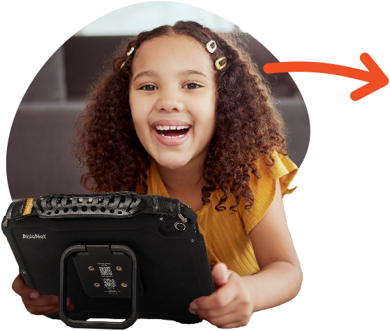 A girl holding an AbleNet tablet.