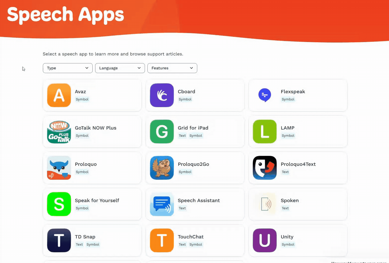 User clicks on and off the filters on the Speech Apps landing page, showing the ways users can find user-relevant speech apps.