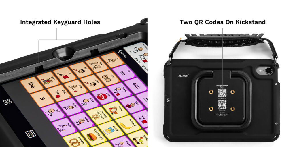 Image of QuickTalker Freestyle Mini screen showing two integrated keyguard holes on the case. Second image showing the location of two QR codes on the kickstand of the device.