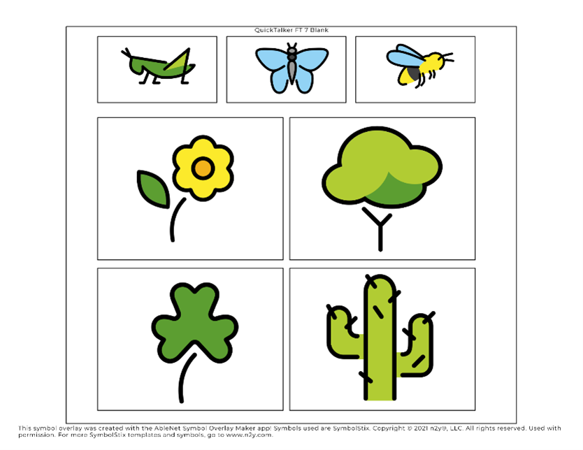 A nature-themed symbol overlay for the QuickTalker FT 7 created using a blank symbol overlay template and Canva.