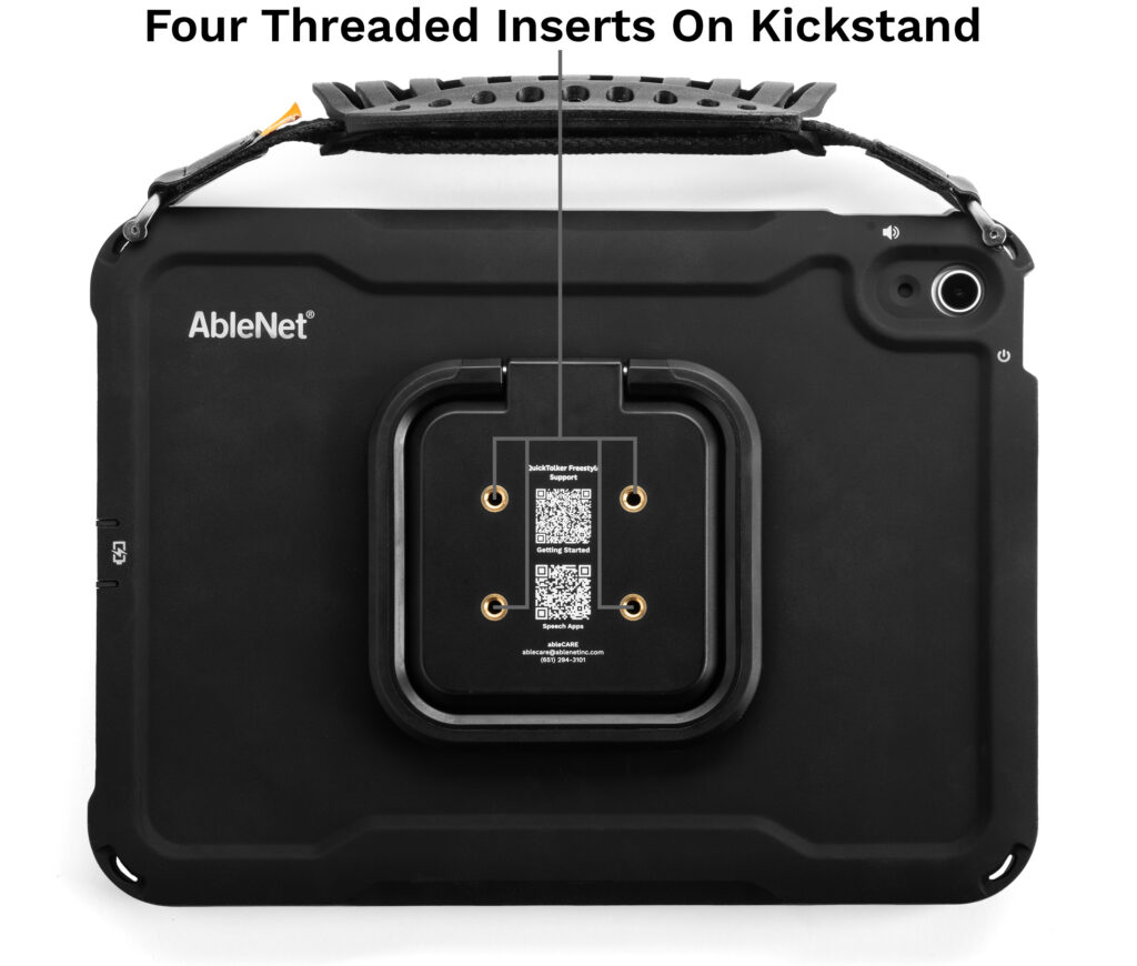 image of QuickTalker Freestyle with four threaded inserts and two QR codes on kickstand