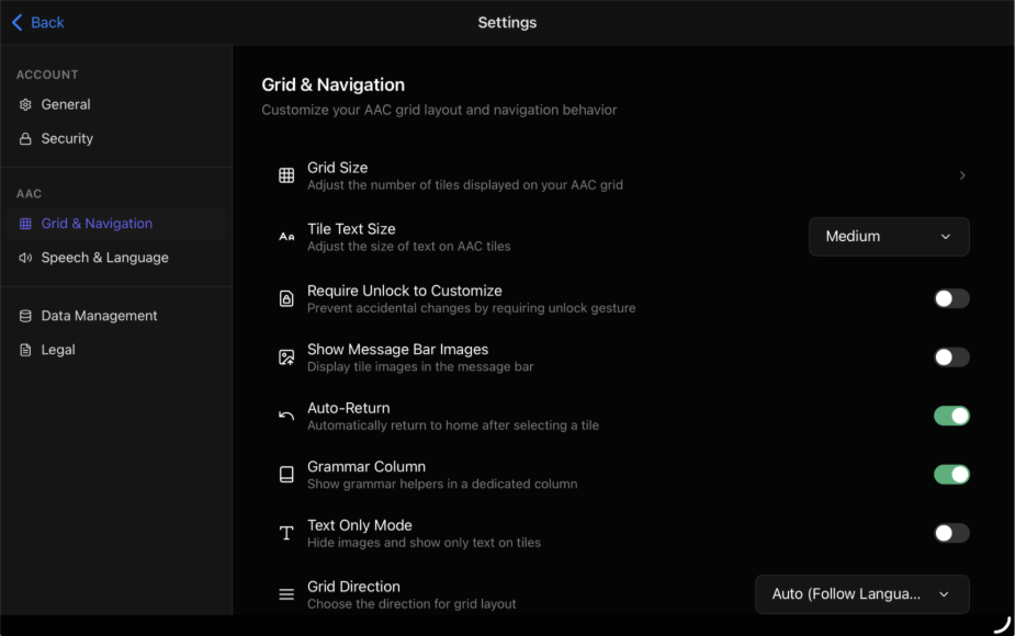 Settings display of Flexspeak