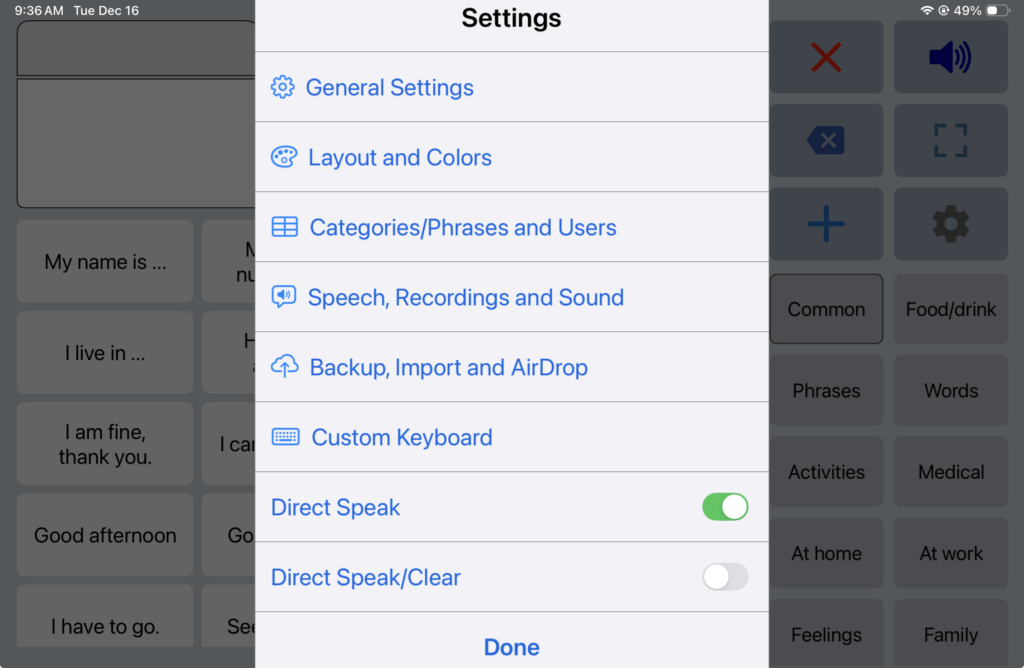 Speech Assistant's available settings including