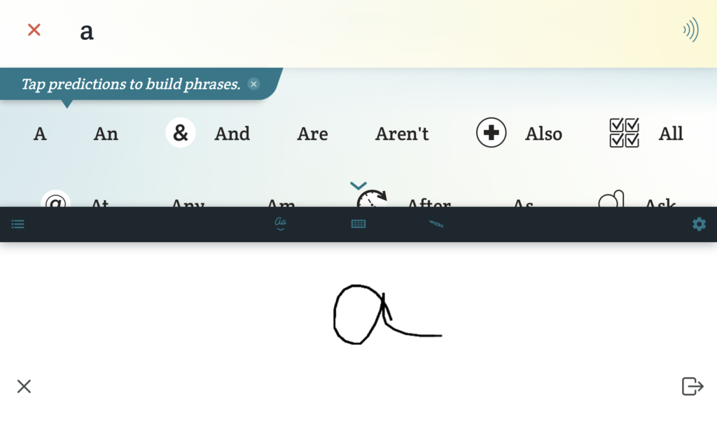 Spoken predicting text based on a drawing of the letter a