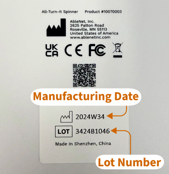 Back of an All-Turn-It Spinner showing the location of the manufacturing date and lot number