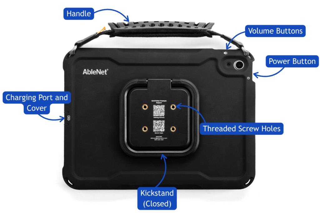 The back view of a QuickTalker Freestyle with labels: The handle, volume buttons, power button, threaded screw holes for mounts, kickstand, and the charging port.