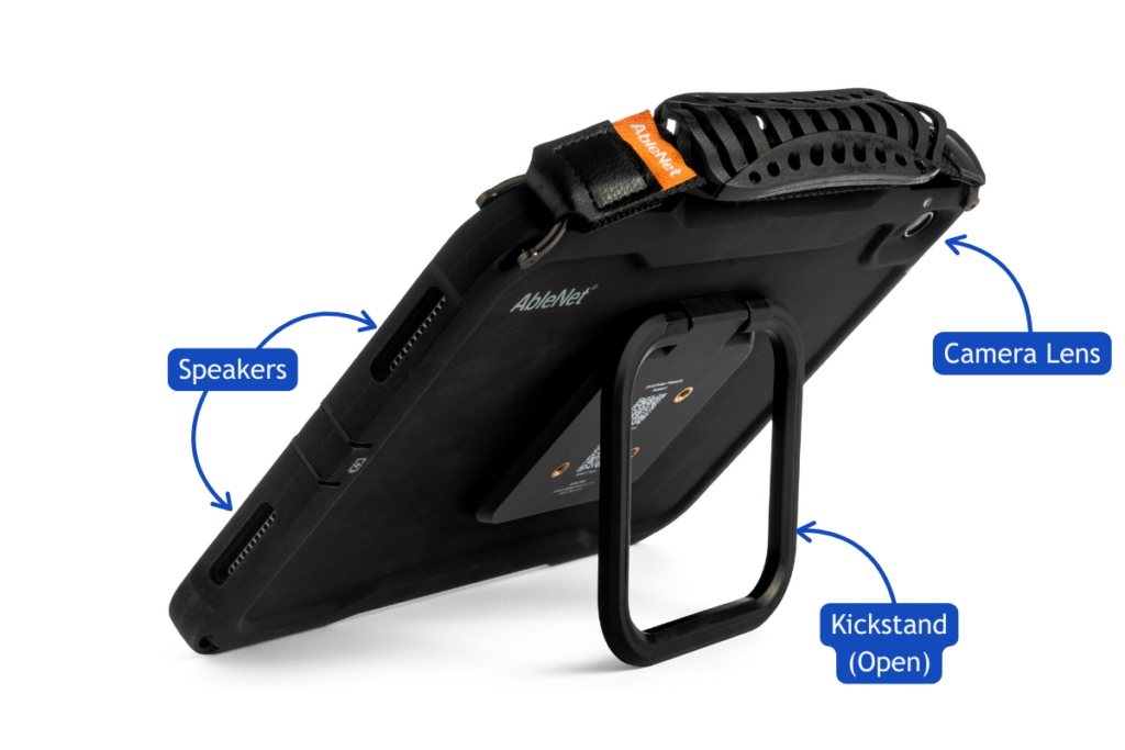 Diagonal side view of a QuickTalker Freestyle with the kickstand out and labels for the camera and speakers.