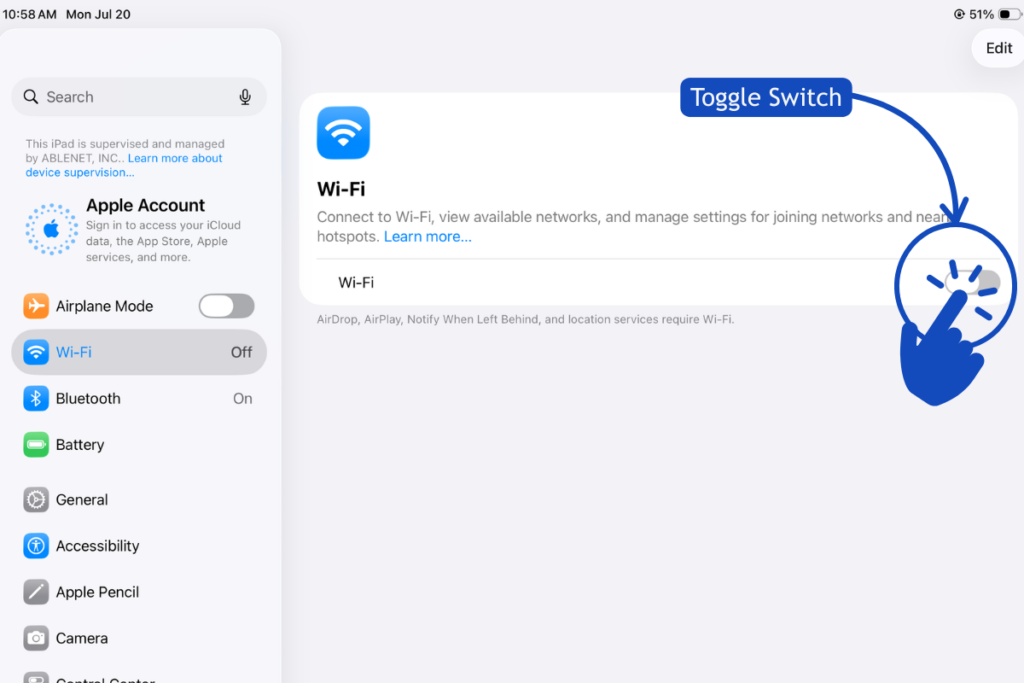 On the right, tap the toggle switch to turn Wi-Fi ON.