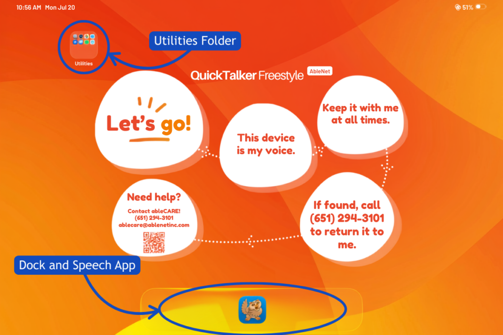 The home screen of the QuickTalker Freestyle with arrows pointing to the utilities folder, the dock, and speech app.