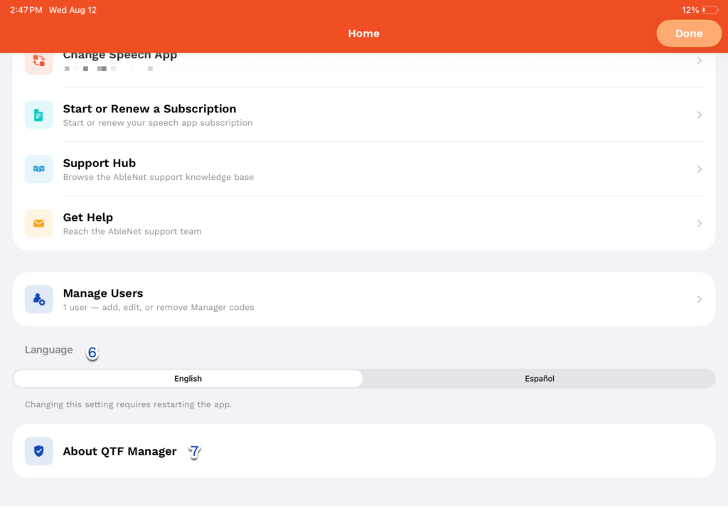 QTF Manager Homepage Language & About.