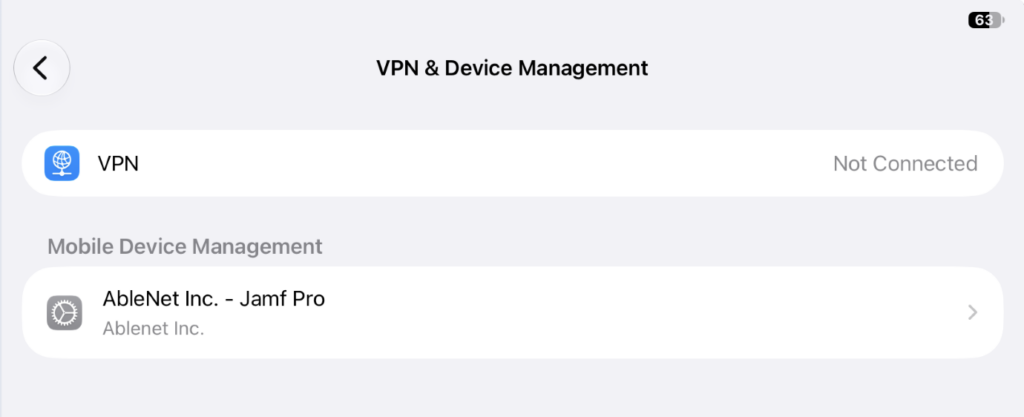 VPN & Device Management settings screen showing "AbleNet Inc. - Jamf Pro" under Mobile Device Management.